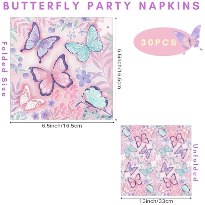 PACK OF 30 BUTTERFLY BIRTHDAY NAPKINS, BUTTERFLY PARTY NAPKINS, 33 X 33 CM, NAPKINS CHILDREN'S BIRTHDAY DECORATION GIRLS, FOR GARDEN PARTY, WEDDING, CHILDREN'S BIRTHDAY - Image 2